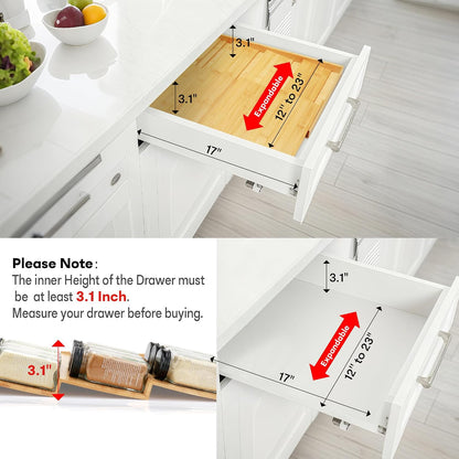 Bamboo Spice Drawer Organizer, (Need 3.1” Deep Drawer) Expandable 4 Tier Spice Rack for Cabinet (From 12" to 23" Wide), Seasoning Storage Insert, Spice Organizer for Drawer,Jars Not Included
