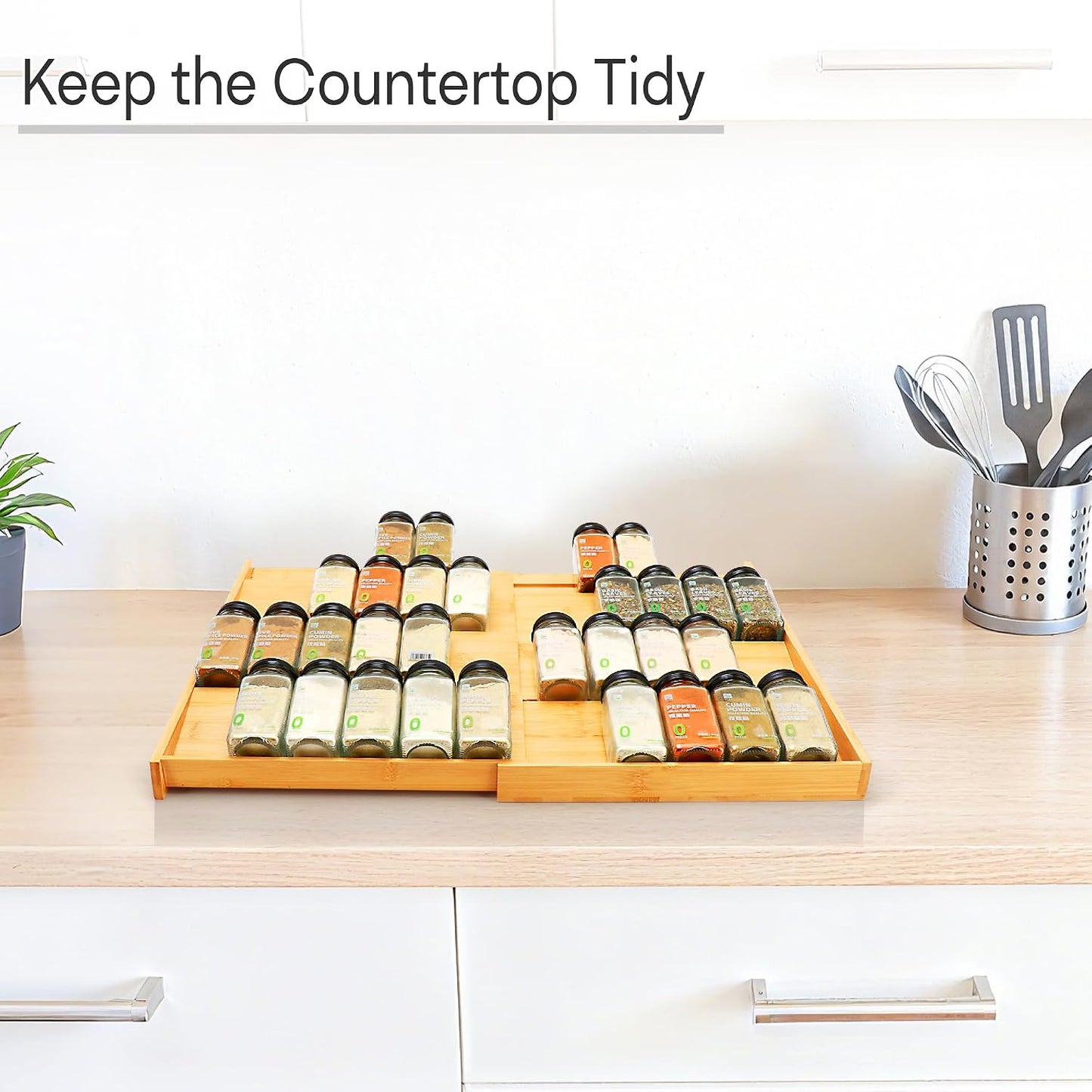 Bamboo Spice Drawer Organizer, (Need 3.1” Deep Drawer) Expandable 4 Tier Spice Rack for Cabinet (From 12" to 23" Wide), Seasoning Storage Insert, Spice Organizer for Drawer,Jars Not Included