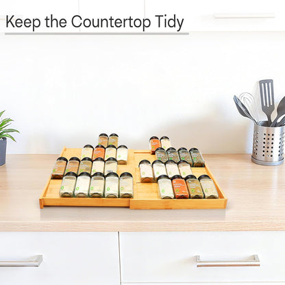 Bamboo Spice Drawer Organizer, (Need 3.1” Deep Drawer) Expandable 4 Tier Spice Rack for Cabinet (From 12" to 23" Wide), Seasoning Storage Insert, Spice Organizer for Drawer,Jars Not Included