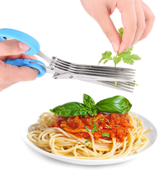 Herb Scissors - with Retail Package - Multipurpose Kitchen Shears - 5 Extremely Sharp Stainless Steel Blades - Handy Cleaning Comb - Multi Blade - Time-Saving - Chop Herbs