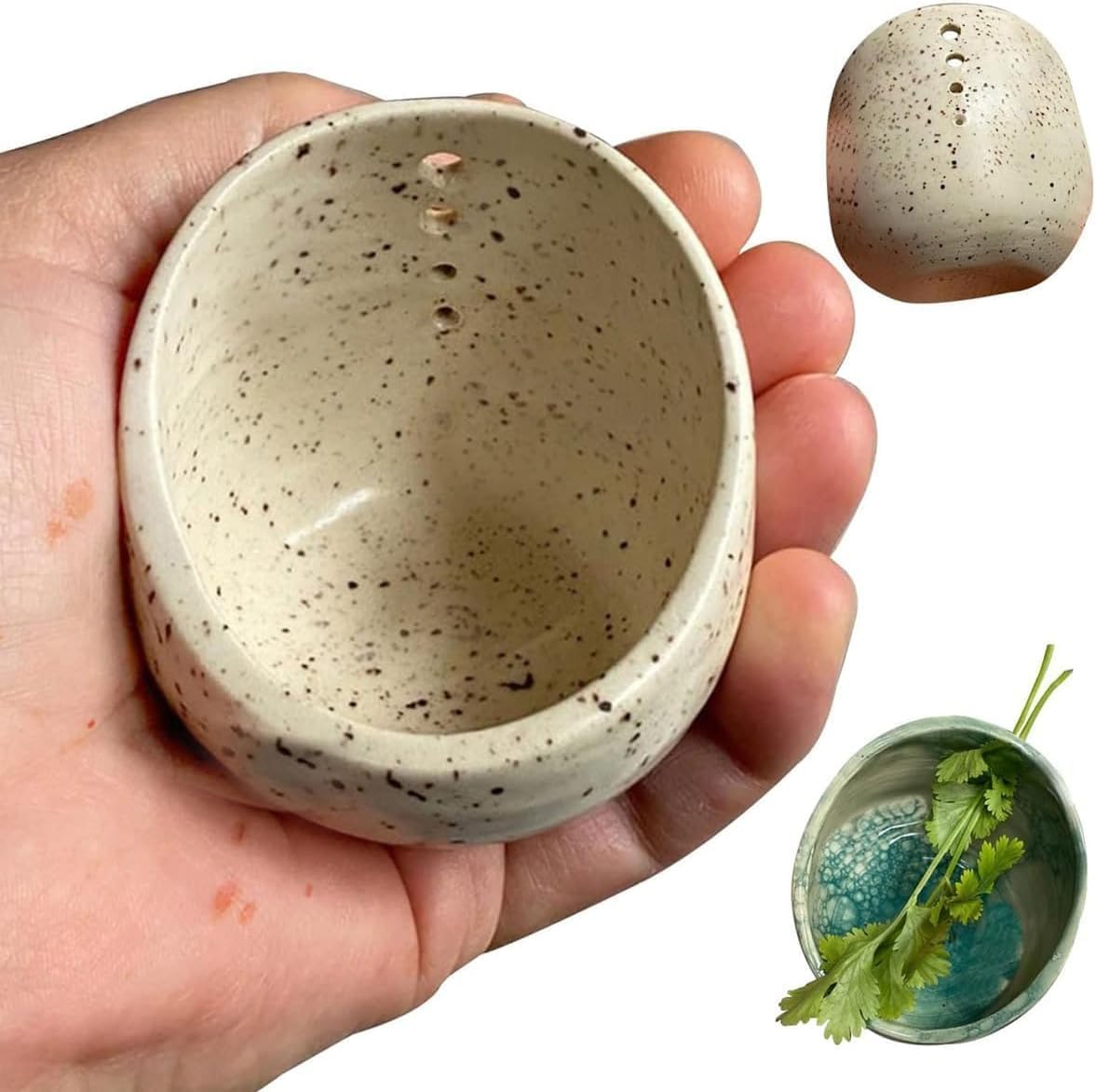 Pottery Herb Stripper Bowl - 2025 Handmade Ceramic Herb Peeling Tool, with Four Holes of Different Sizes to Separate Leaves and Stems, Suitable for Cilantro, Rosemary, Parsley
