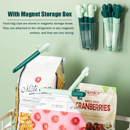 Magnetic Refrigerator Sealing Clip,Cute Cactus Shaped Food Packages Clips,Chip Clips with Magnet Storage Box,Kitchen Food Freshness Bag Clip Kitchen Accessories,2 Pieces of 10
