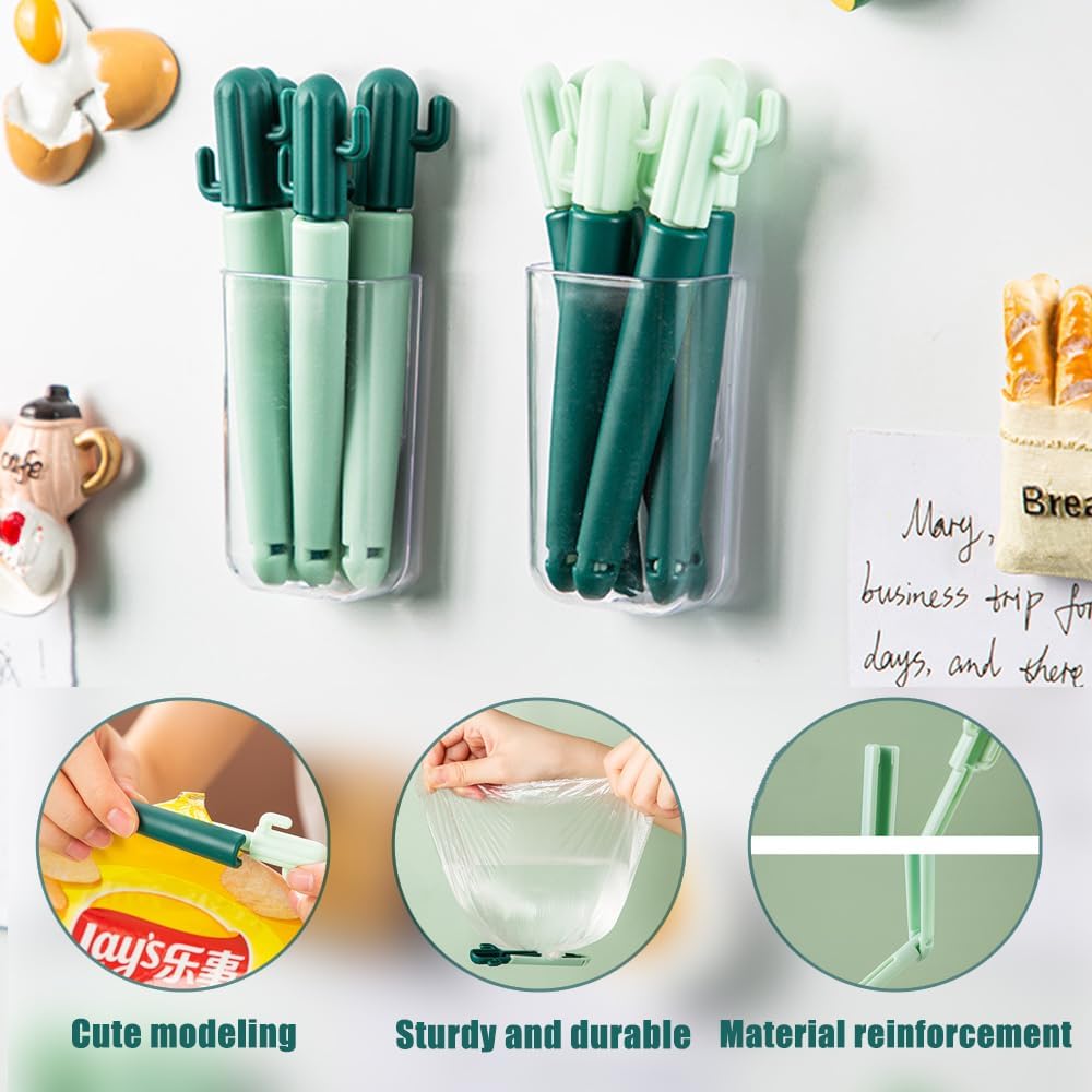 Magnetic Refrigerator Sealing Clip,Cute Cactus Shaped Food Packages Clips,Chip Clips with Magnet Storage Box,Kitchen Food Freshness Bag Clip Kitchen Accessories,2 Pieces of 10