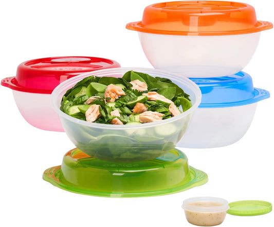 Easyboxes Salad-to-Go Containers - 8-Piece Set: 4 Bowls, Leak-Proof Dressing Cups Built-In & 4 Fitted Lids Seal in Freshness; Reusable/BPA-Free for Salad, Pasta, & Cereal (Classic)