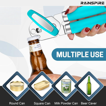 Can Opener Manual Handheld Strong Manual Can Opener Smooth Edge Cut, Can Opener Heavy Duty, Comfortable Soft Handle, Built-in Bottle Opener, Blue