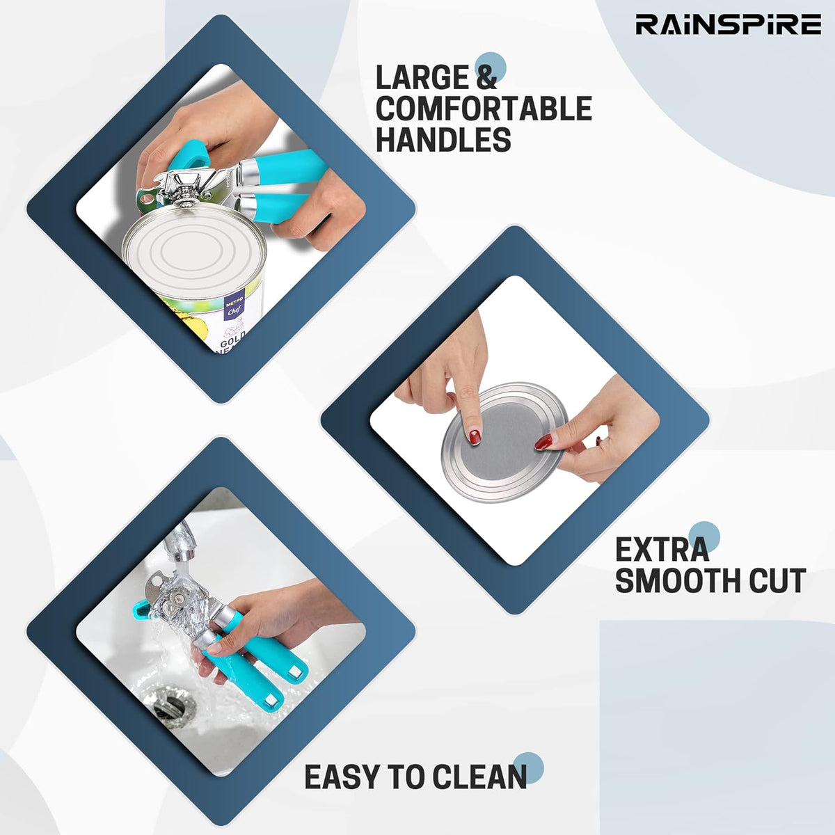 Can Opener Manual Handheld Strong Manual Can Opener Smooth Edge Cut, Can Opener Heavy Duty, Comfortable Soft Handle, Built-in Bottle Opener, Blue