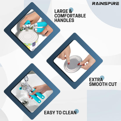 Can Opener Manual Handheld Strong Manual Can Opener Smooth Edge Cut, Can Opener Heavy Duty, Comfortable Soft Handle, Built-in Bottle Opener, Blue