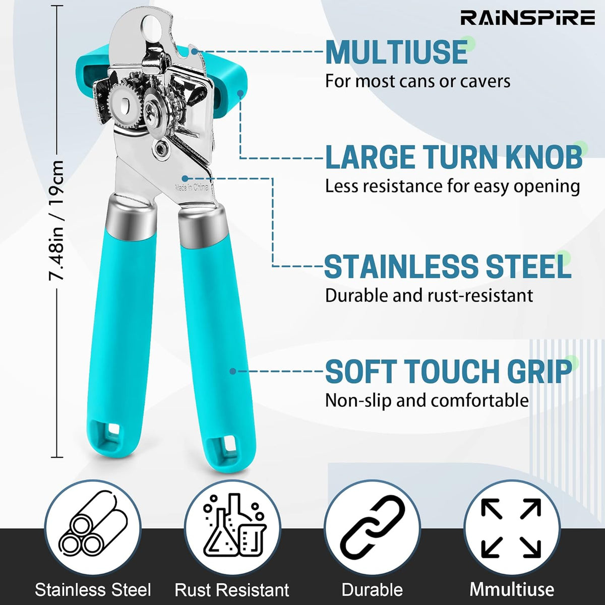 Can Opener Manual Handheld Strong Manual Can Opener Smooth Edge Cut, Can Opener Heavy Duty, Comfortable Soft Handle, Built-in Bottle Opener, Blue