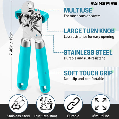 Can Opener Manual Handheld Strong Manual Can Opener Smooth Edge Cut, Can Opener Heavy Duty, Comfortable Soft Handle, Built-in Bottle Opener, Blue