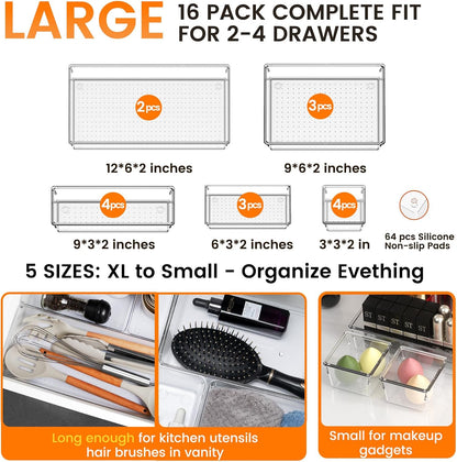 Large Drawer Organizer Bins 26 Pack | Complete 5 Size Clear Plastic Kitchen Drawer Organizers for Utensils | Bathroom Drawer Organizer Trays | Versatile for Makeup Office Organization