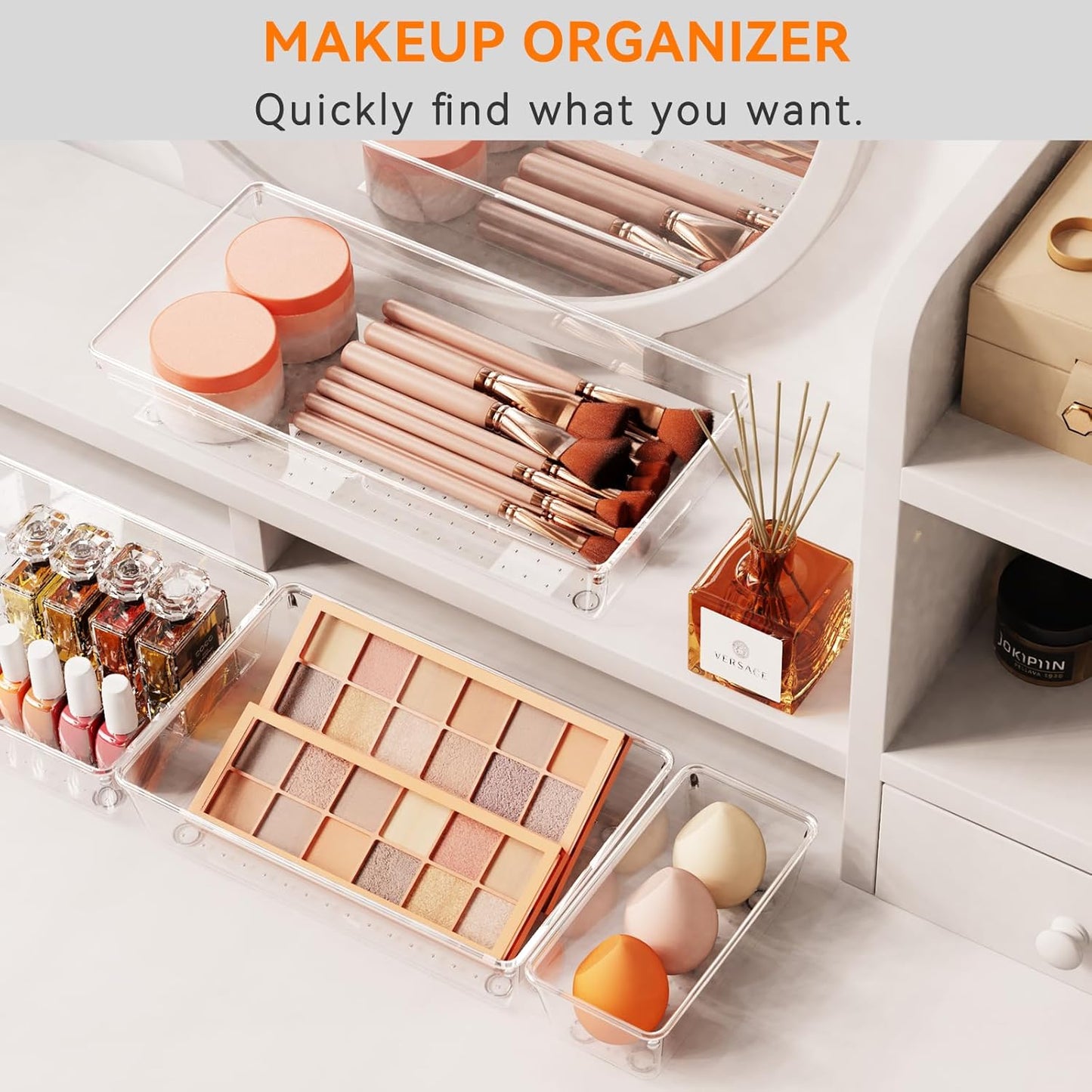 Large Drawer Organizer Bins 26 Pack | Complete 5 Size Clear Plastic Kitchen Drawer Organizers for Utensils | Bathroom Drawer Organizer Trays | Versatile for Makeup Office Organization