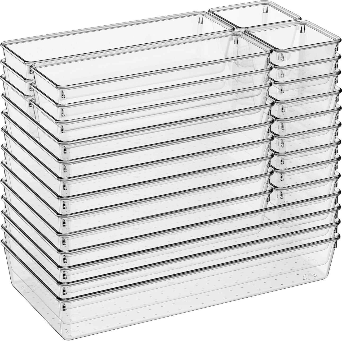 Large Drawer Organizer Bins 26 Pack | Complete 5 Size Clear Plastic Kitchen Drawer Organizers for Utensils | Bathroom Drawer Organizer Trays | Versatile for Makeup Office Organization