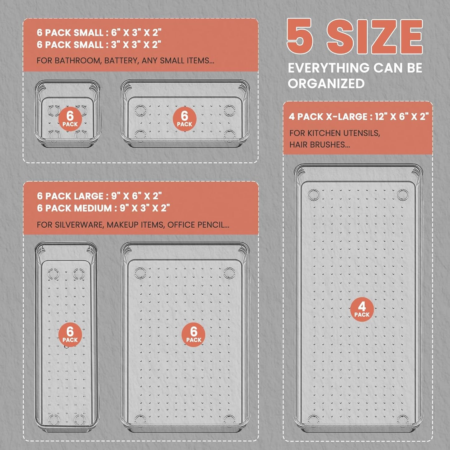 Large Drawer Organizer Bins 26 Pack | Complete 5 Size Clear Plastic Kitchen Drawer Organizers for Utensils | Bathroom Drawer Organizer Trays | Versatile for Makeup Office Organization