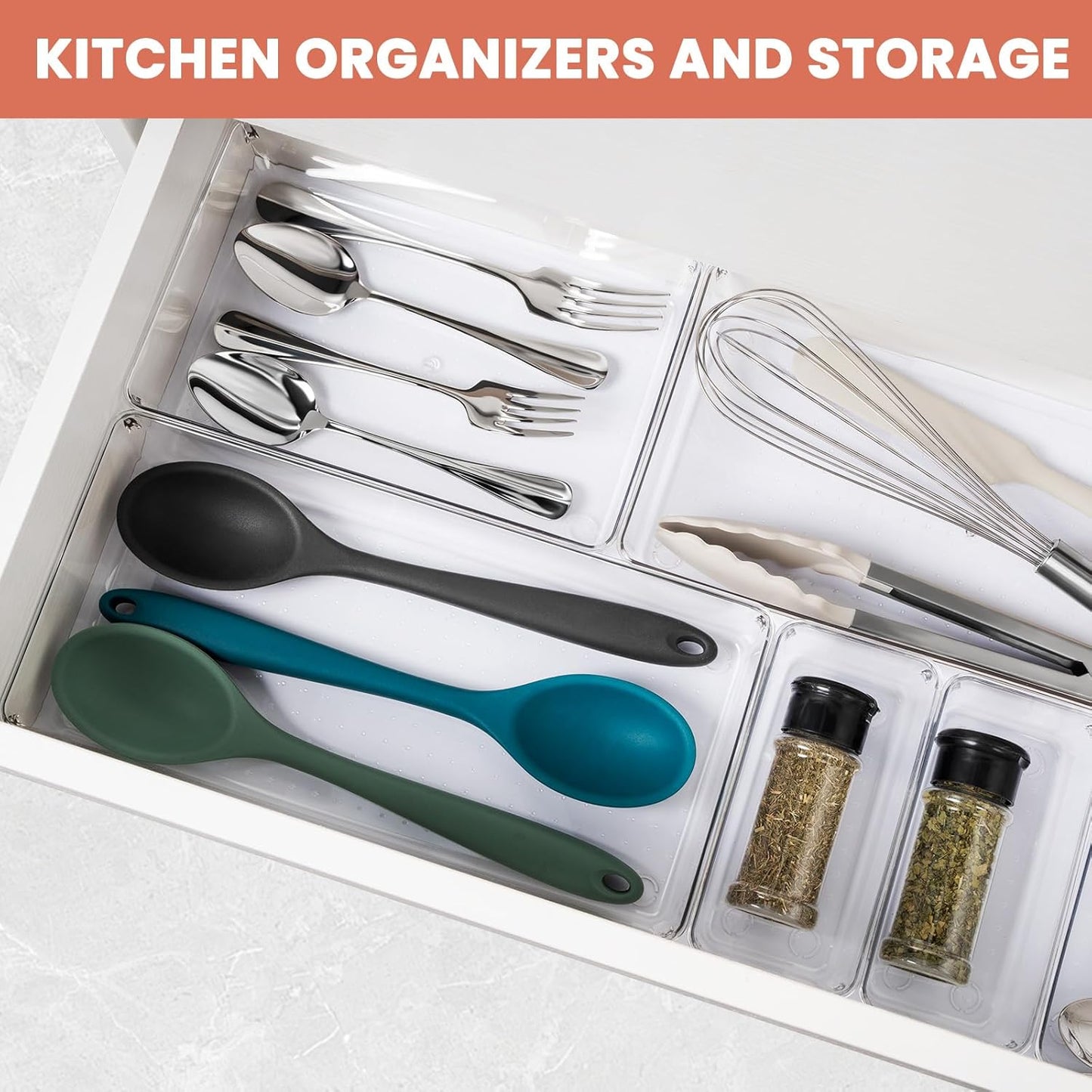 Large Drawer Organizer Bins 26 Pack | Complete 5 Size Clear Plastic Kitchen Drawer Organizers for Utensils | Bathroom Drawer Organizer Trays | Versatile for Makeup Office Organization