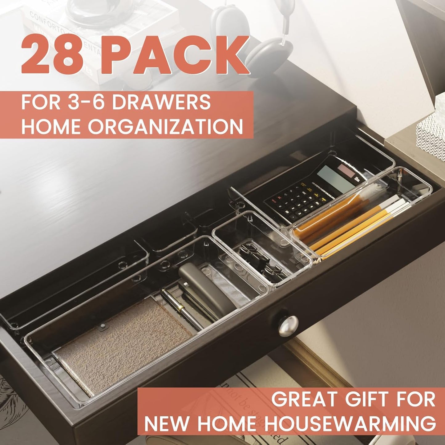 Large Drawer Organizer Bins 26 Pack | Complete 5 Size Clear Plastic Kitchen Drawer Organizers for Utensils | Bathroom Drawer Organizer Trays | Versatile for Makeup Office Organization