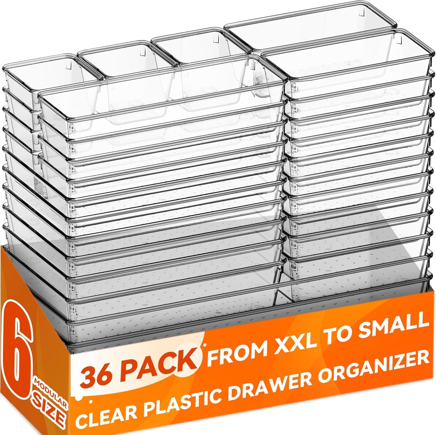 Large Drawer Organizer Bins 26 Pack | Complete 5 Size Clear Plastic Kitchen Drawer Organizers for Utensils | Bathroom Drawer Organizer Trays | Versatile for Makeup Office Organization