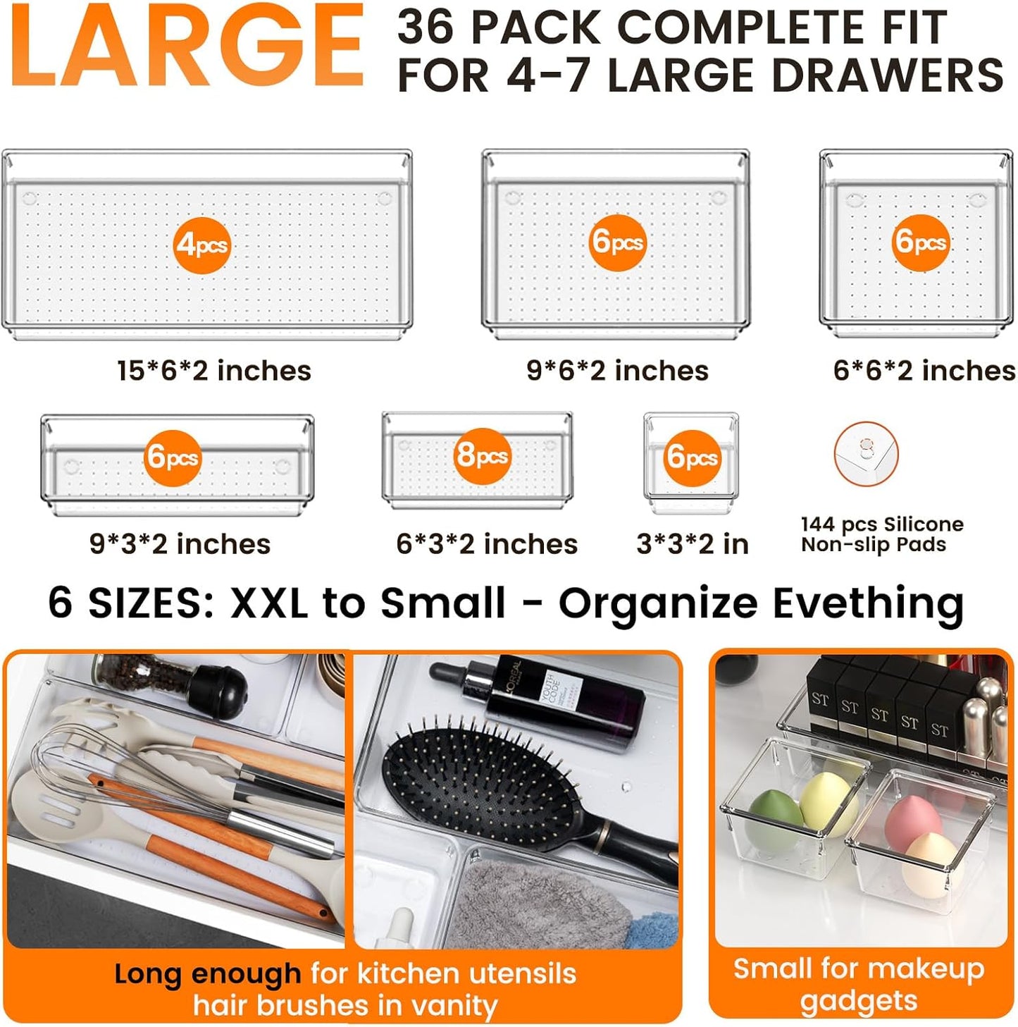 Large Drawer Organizer Bins 26 Pack | Complete 5 Size Clear Plastic Kitchen Drawer Organizers for Utensils | Bathroom Drawer Organizer Trays | Versatile for Makeup Office Organization