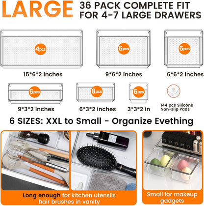 Large Drawer Organizer Bins 26 Pack | Complete 5 Size Clear Plastic Kitchen Drawer Organizers for Utensils | Bathroom Drawer Organizer Trays | Versatile for Makeup Office Organization