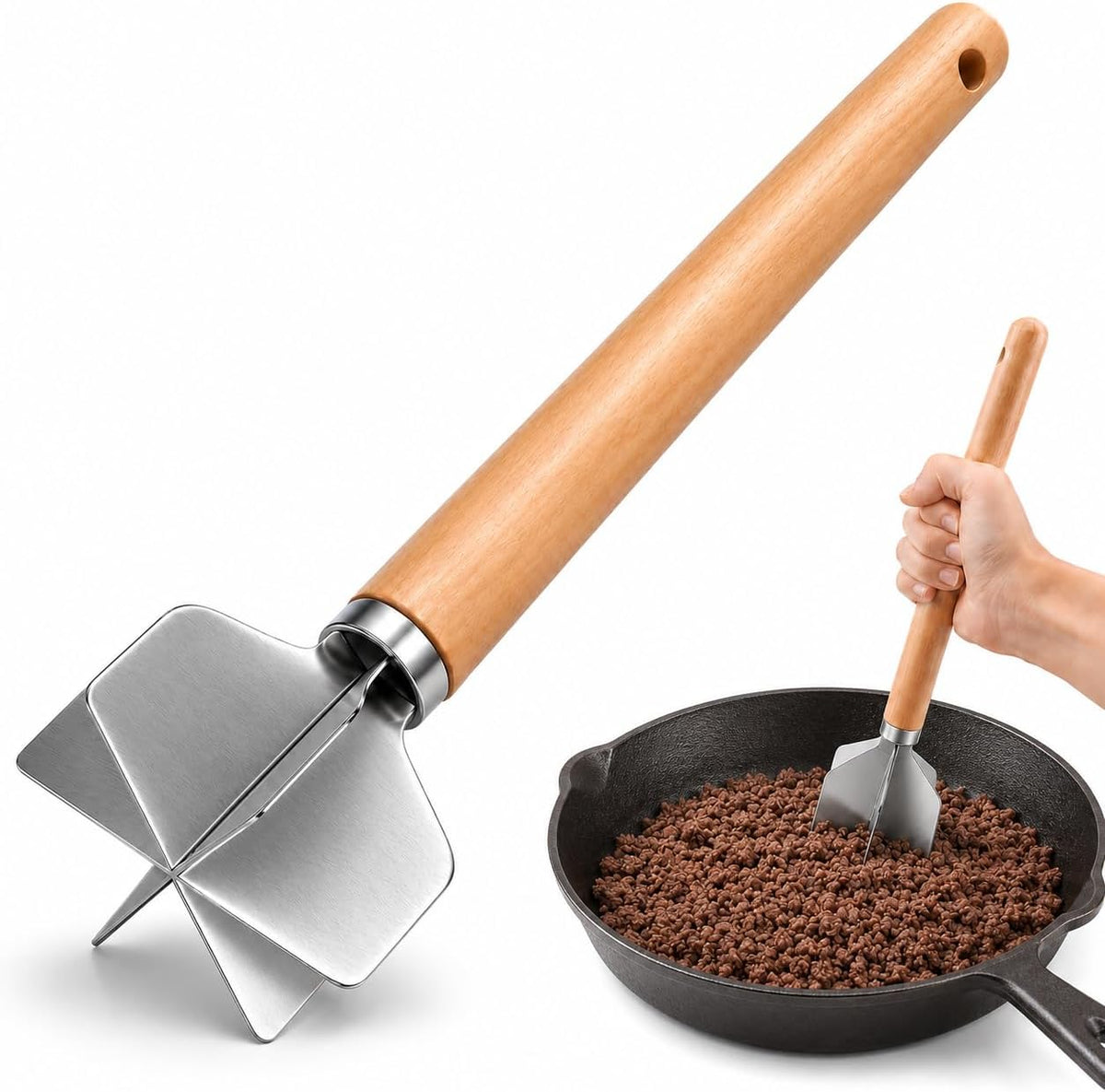 304 Stainless Steel Meat Chopper, 6-Blade Heavy Duty Ground Beef Meat Masher, 11 Inch Food Grade Hamburger Smasher Metal Kitchen Tool for Vegetable Puree Cooking
