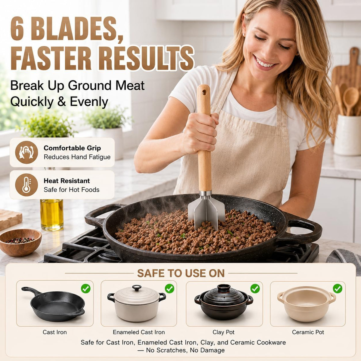 304 Stainless Steel Meat Chopper, 6-Blade Heavy Duty Ground Beef Meat Masher, 11 Inch Food Grade Hamburger Smasher Metal Kitchen Tool for Vegetable Puree Cooking