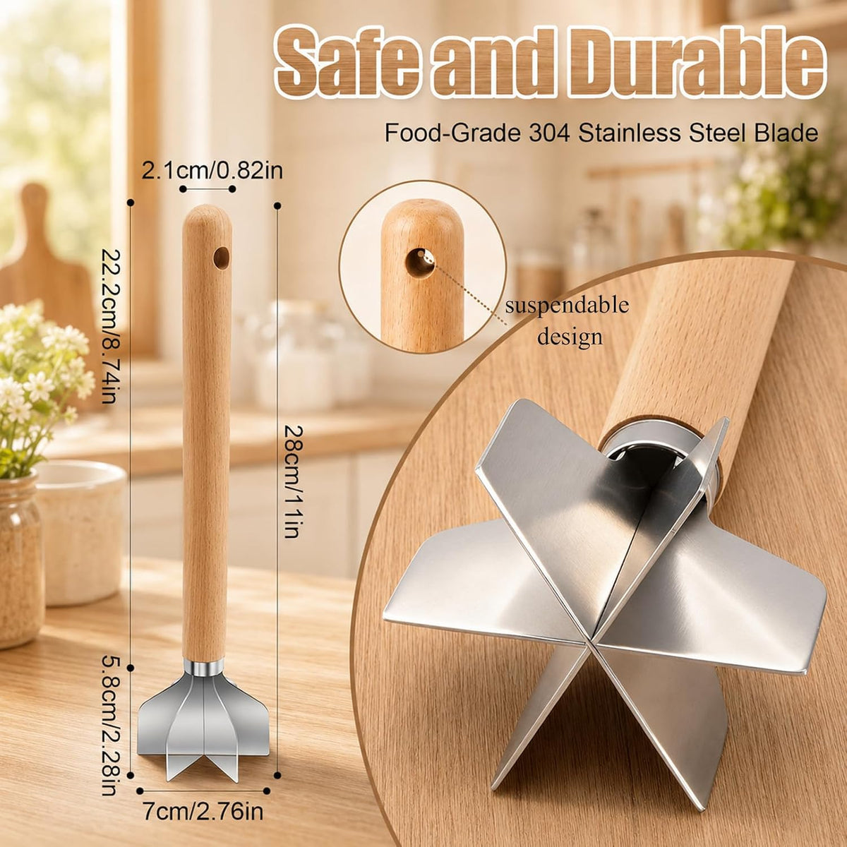 304 Stainless Steel Meat Chopper, 6-Blade Heavy Duty Ground Beef Meat Masher, 11 Inch Food Grade Hamburger Smasher Metal Kitchen Tool for Vegetable Puree Cooking
