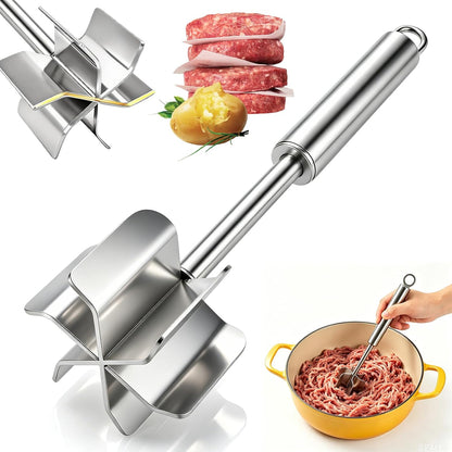 304 Stainless Steel Meat Chopper, 6-Blade Heavy Duty Ground Beef Meat Masher, 11 Inch Food Grade Hamburger Smasher Metal Kitchen Tool for Vegetable Puree Cooking
