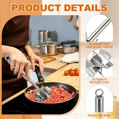 304 Stainless Steel Meat Chopper, 6-Blade Heavy Duty Ground Beef Meat Masher, 11 Inch Food Grade Hamburger Smasher Metal Kitchen Tool for Vegetable Puree Cooking