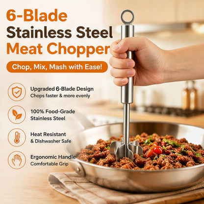 304 Stainless Steel Meat Chopper, 6-Blade Heavy Duty Ground Beef Meat Masher, 11 Inch Food Grade Hamburger Smasher Metal Kitchen Tool for Vegetable Puree Cooking