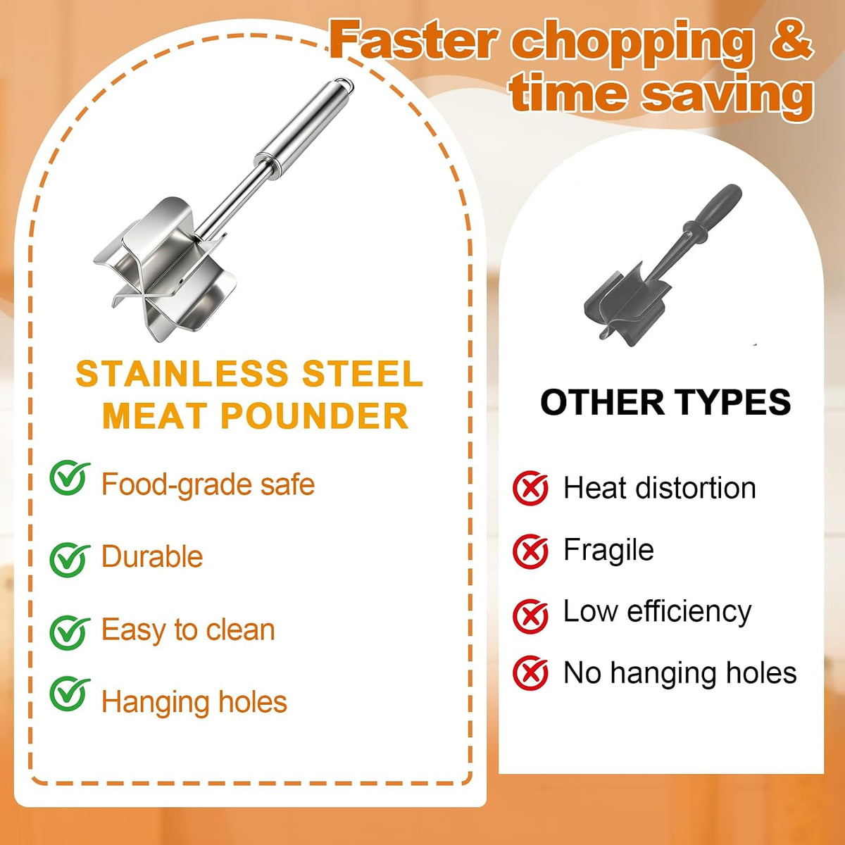 304 Stainless Steel Meat Chopper, 6-Blade Heavy Duty Ground Beef Meat Masher, 11 Inch Food Grade Hamburger Smasher Metal Kitchen Tool for Vegetable Puree Cooking