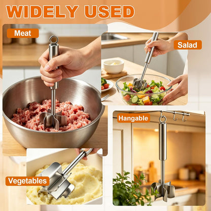 304 Stainless Steel Meat Chopper, 6-Blade Heavy Duty Ground Beef Meat Masher, 11 Inch Food Grade Hamburger Smasher Metal Kitchen Tool for Vegetable Puree Cooking