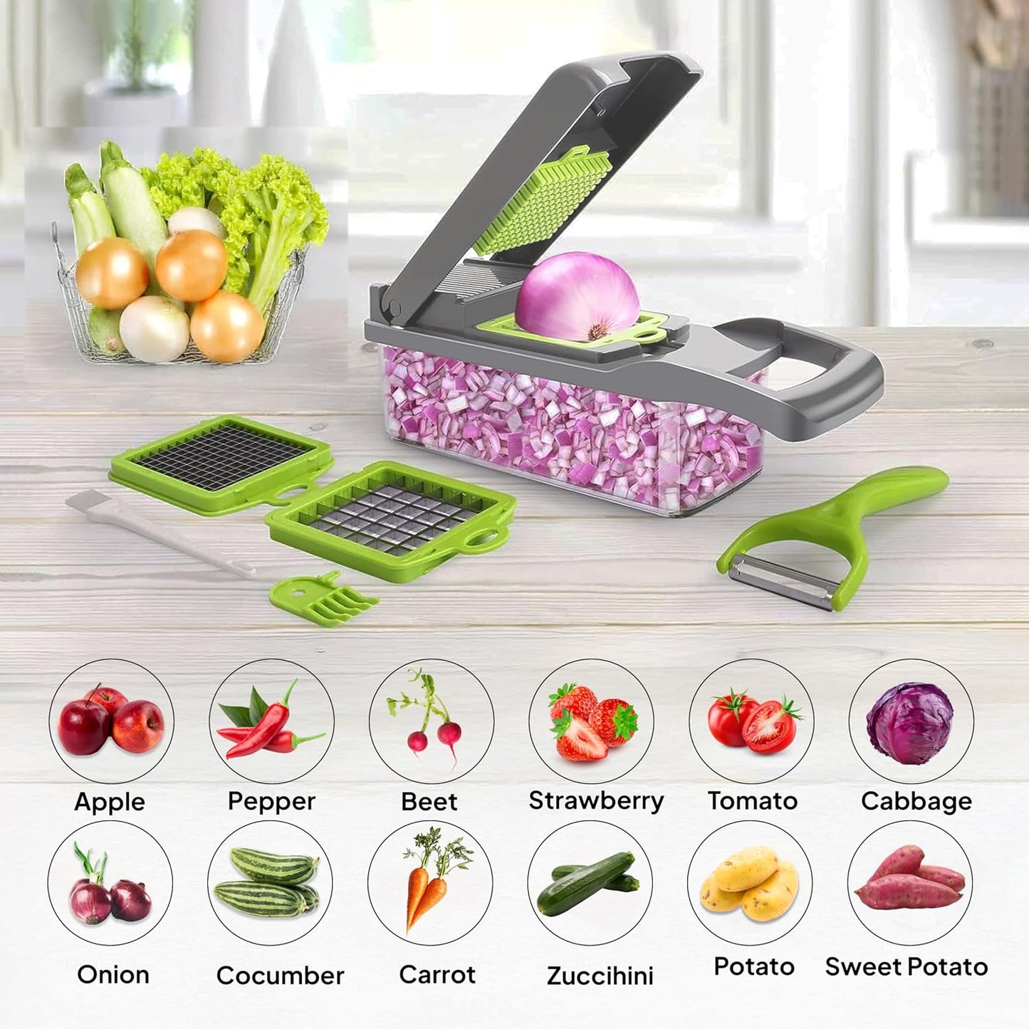 Pro-Series 16-in-1 Vegetable Chopper & Mandoline Slicer - Heavy Duty Food Chopper with 1.2L Container, Stainless Steel Blades - Onion Dicer, Grater & Kitchen Gadgets for Salad