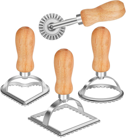 Ravioli Stamp Maker Cutter with Roller Wheel (Set of 4), Wooden Handle and Fluted Edge, for Ravioli, Pasta, Dumplings Lasagna, Pierogi