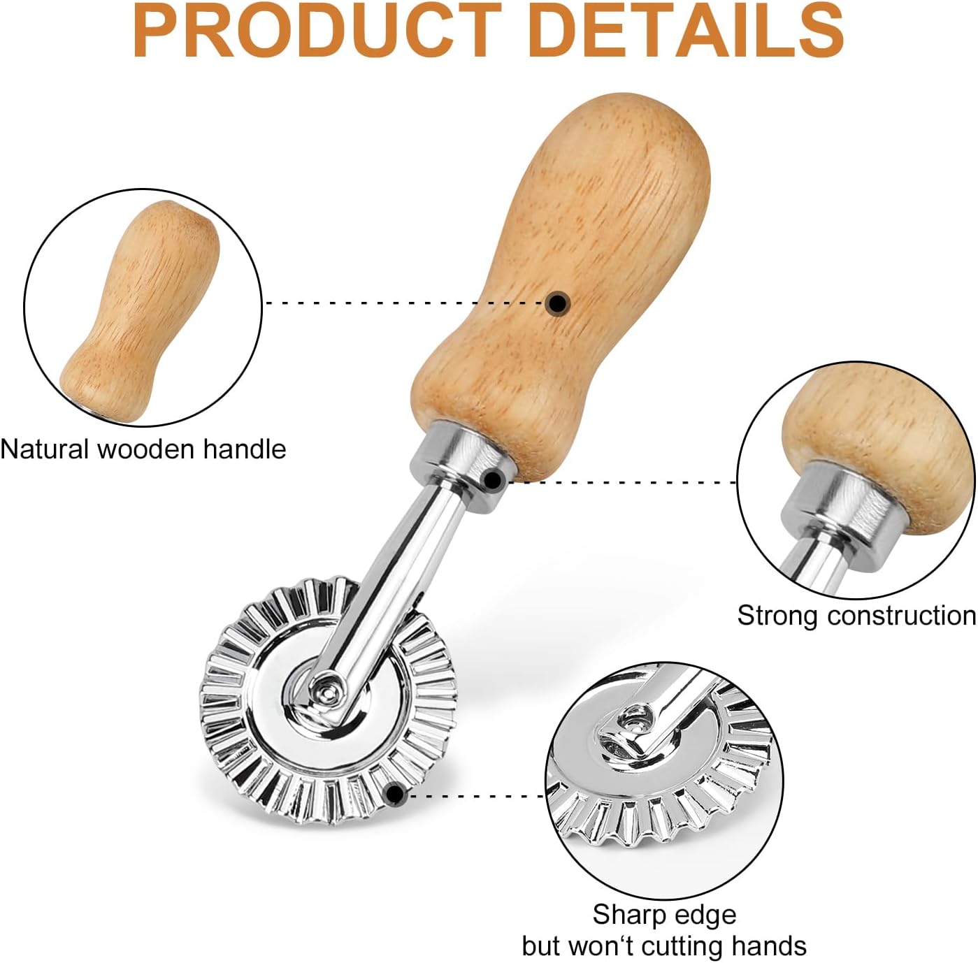 Ravioli Stamp Maker Cutter with Roller Wheel (Set of 4), Wooden Handle and Fluted Edge, for Ravioli, Pasta, Dumplings Lasagna, Pierogi