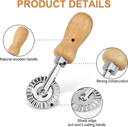 Ravioli Stamp Maker Cutter with Roller Wheel (Set of 4), Wooden Handle and Fluted Edge, for Ravioli, Pasta, Dumplings Lasagna, Pierogi