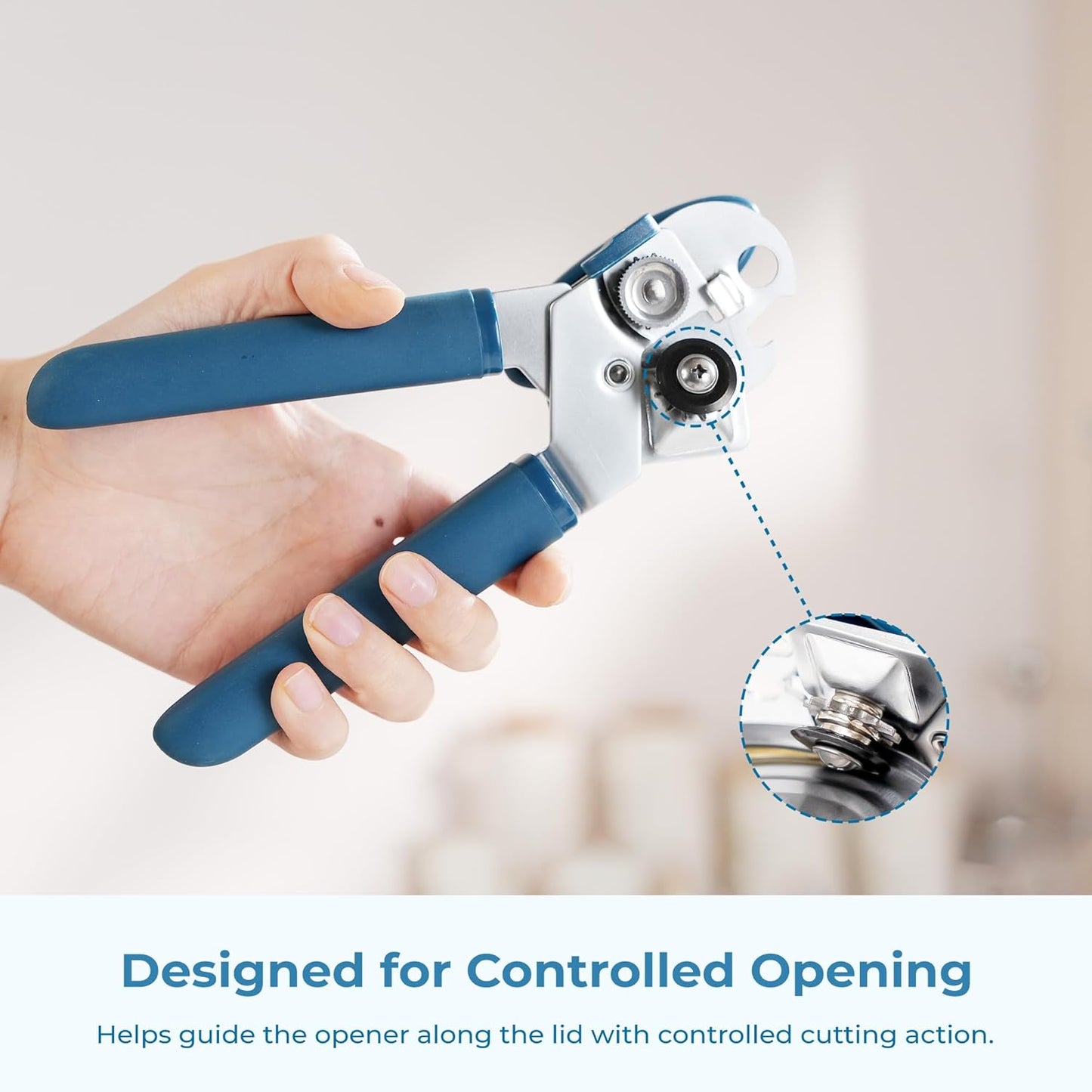 Can Opener, Manual Stainless Steel Can Opener with Premium Zinc Alloy Construction, Large Turning Knob, Magnetic Lid Lifter and Ergonomic TPE Non-Slip Grip Handles, Blue