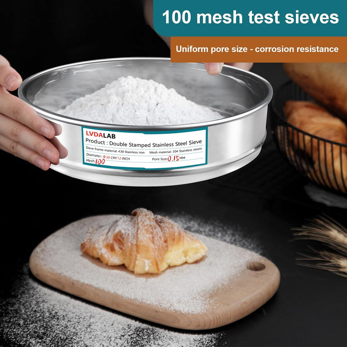 12" (30cm) 304 Stainless Steel Lab Sieve, 100 Mesh (0.15mm) Screen Sifter - Colors A
