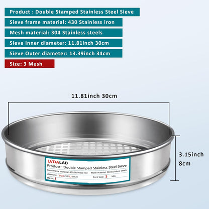 12" (30cm) 304 Stainless Steel Lab Sieve, 100 Mesh (0.15mm) Screen Sifter - Colors A
