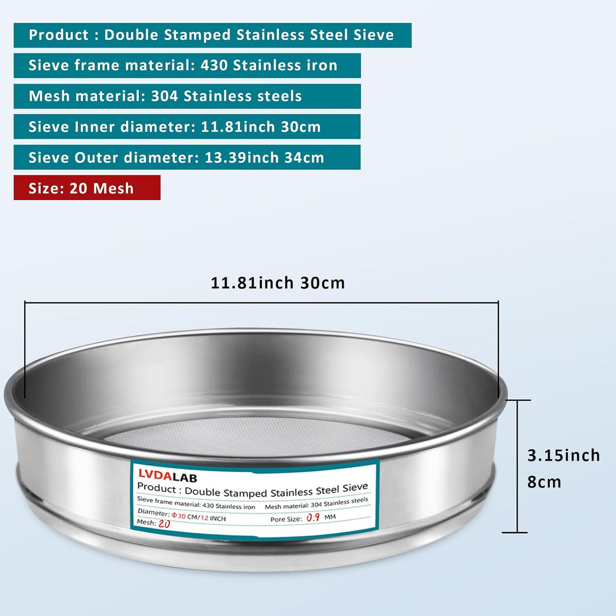 12" (30cm) 304 Stainless Steel Lab Sieve, 100 Mesh (0.15mm) Screen Sifter - Colors A