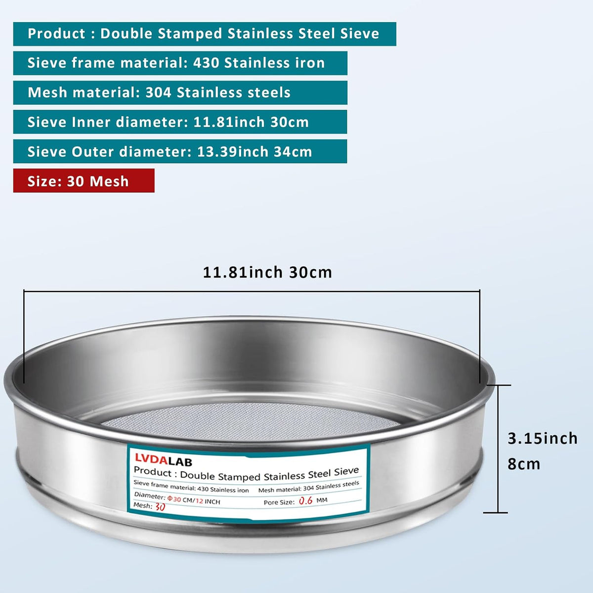 12" (30cm) 304 Stainless Steel Lab Sieve, 100 Mesh (0.15mm) Screen Sifter - Colors A