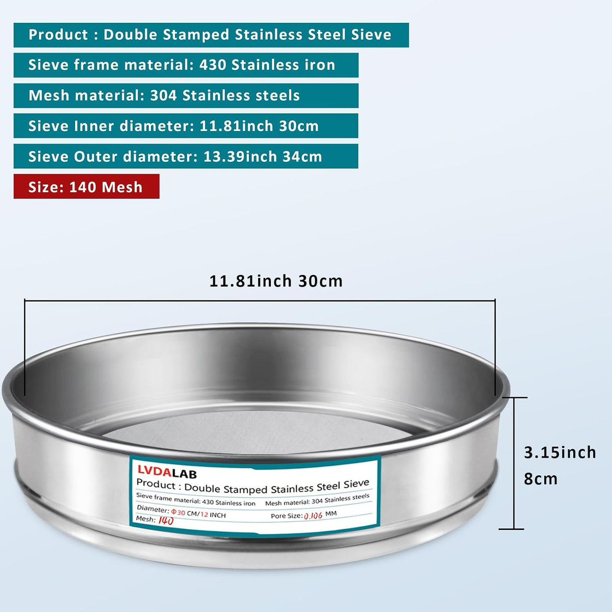 12" (30cm) 304 Stainless Steel Lab Sieve, 100 Mesh (0.15mm) Screen Sifter - Colors A