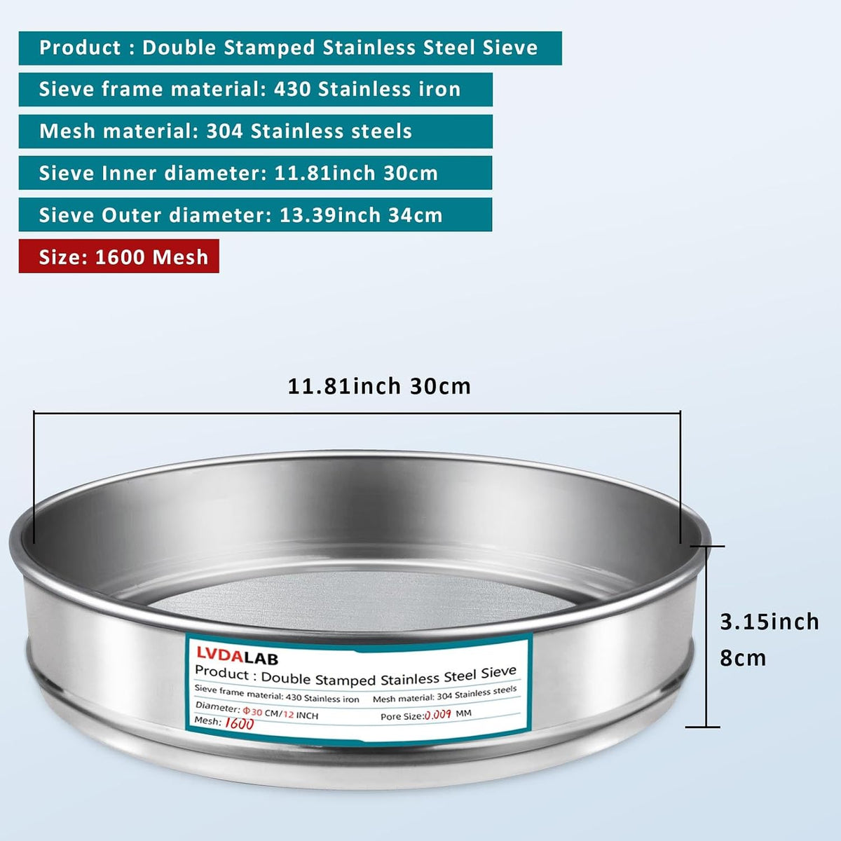 12" (30cm) 304 Stainless Steel Lab Sieve, 100 Mesh (0.15mm) Screen Sifter - Colors A