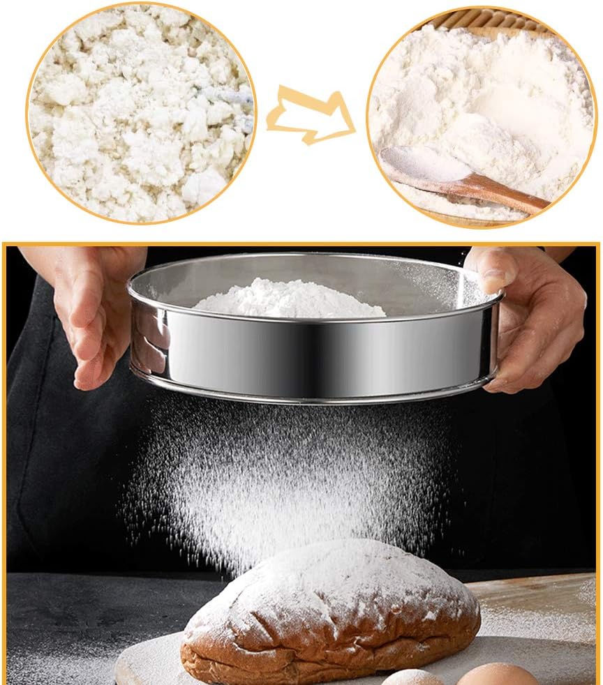 2 Pack Flour Sifter,Stainless Steel Fine Mesh Strainers Flour Sieve,60 Mesh Round Sifter for Baking Cake Bread (6-Inch and 8-Inch)