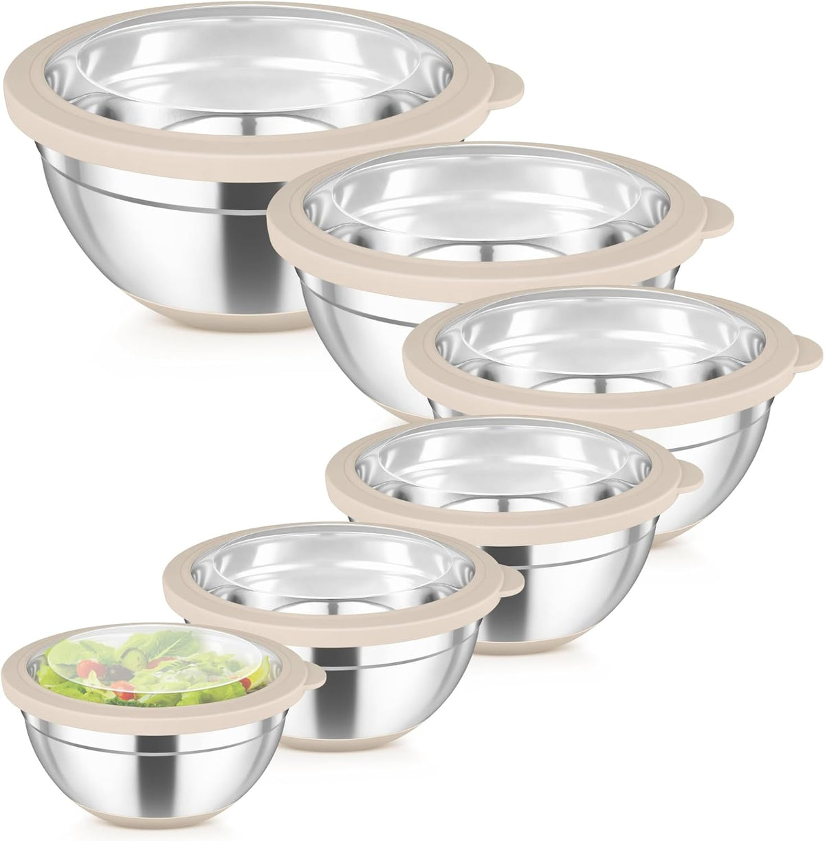 Mixing Bowls with Clear Lids, Stainless Steel Salad Bowls, Khaki | Metal Nesting Bowls with Non-Slip Bottom for Flour Fruit, Baking Mixing Serving Prepping, 6PCS, 4.6/ 3.5/ 2/ 1.5/ 1/ 0.7 QT