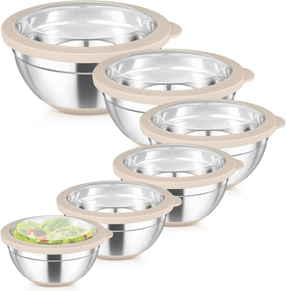 Mixing Bowls with Clear Lids, Stainless Steel Salad Bowls, Khaki | Metal Nesting Bowls with Non-Slip Bottom for Flour Fruit, Baking Mixing Serving Prepping, 6PCS, 4.6/ 3.5/ 2/ 1.5/ 1/ 0.7 QT