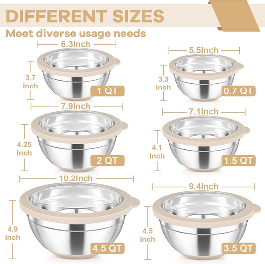Mixing Bowls with Clear Lids, Stainless Steel Salad Bowls, Khaki | Metal Nesting Bowls with Non-Slip Bottom for Flour Fruit, Baking Mixing Serving Prepping, 6PCS, 4.6/ 3.5/ 2/ 1.5/ 1/ 0.7 QT