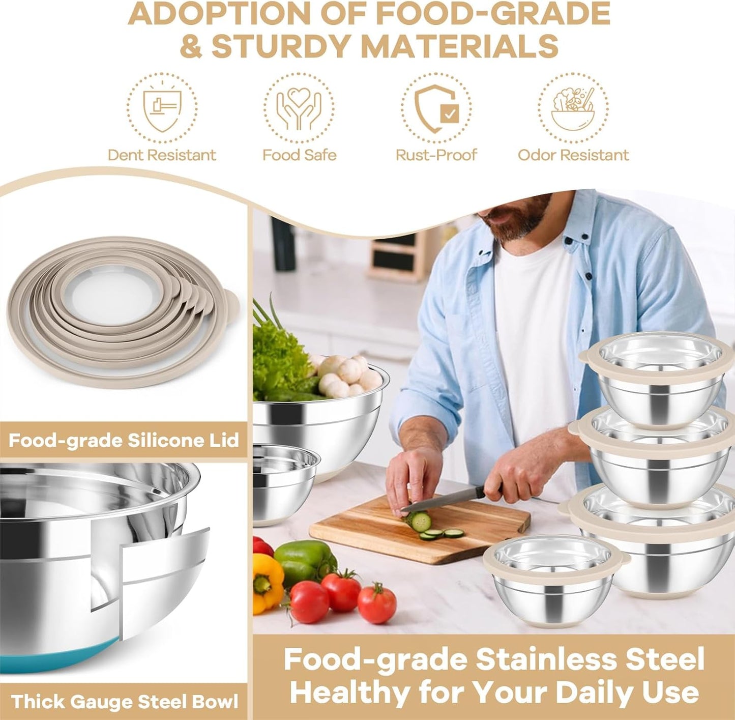 Mixing Bowls with Clear Lids, Stainless Steel Salad Bowls, Khaki | Metal Nesting Bowls with Non-Slip Bottom for Flour Fruit, Baking Mixing Serving Prepping, 6PCS, 4.6/ 3.5/ 2/ 1.5/ 1/ 0.7 QT