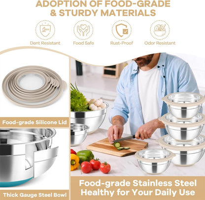 Mixing Bowls with Clear Lids, Stainless Steel Salad Bowls, Khaki | Metal Nesting Bowls with Non-Slip Bottom for Flour Fruit, Baking Mixing Serving Prepping, 6PCS, 4.6/ 3.5/ 2/ 1.5/ 1/ 0.7 QT