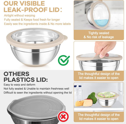 Mixing Bowls with Clear Lids, Stainless Steel Salad Bowls, Khaki | Metal Nesting Bowls with Non-Slip Bottom for Flour Fruit, Baking Mixing Serving Prepping, 6PCS, 4.6/ 3.5/ 2/ 1.5/ 1/ 0.7 QT