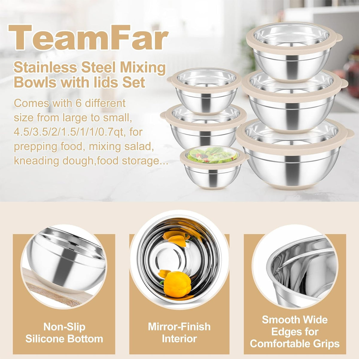 Mixing Bowls with Clear Lids, Stainless Steel Salad Bowls, Khaki | Metal Nesting Bowls with Non-Slip Bottom for Flour Fruit, Baking Mixing Serving Prepping, 6PCS, 4.6/ 3.5/ 2/ 1.5/ 1/ 0.7 QT