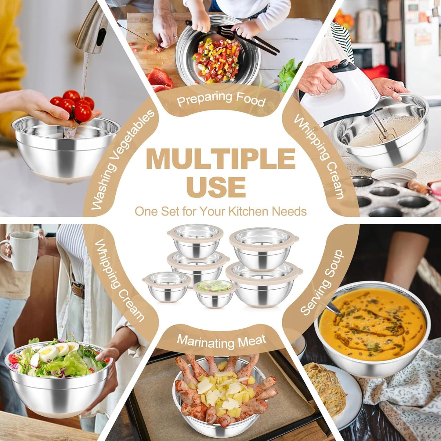 Mixing Bowls with Clear Lids, Stainless Steel Salad Bowls, Khaki | Metal Nesting Bowls with Non-Slip Bottom for Flour Fruit, Baking Mixing Serving Prepping, 6PCS, 4.6/ 3.5/ 2/ 1.5/ 1/ 0.7 QT
